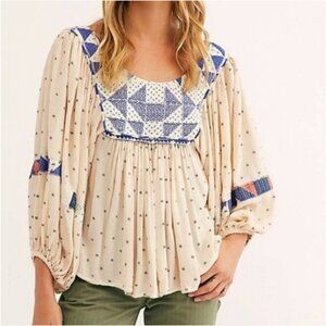Free People Patchwork Quilt Top Balloon Sleeve Peasant Blouse M